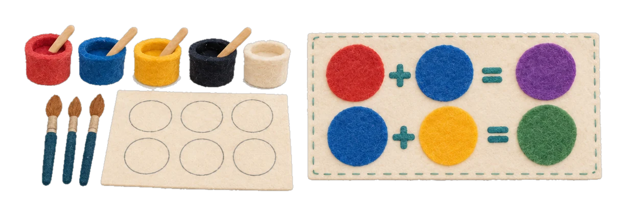 Felt illustration of small group painting materials: red, blue, yellow, black, and white paint pots, most with a wooden spoon, three paintbrushes, a board with six empty circles drawn on it, and a chart showing red plus blue makes purple and blue plus yellow makes green.