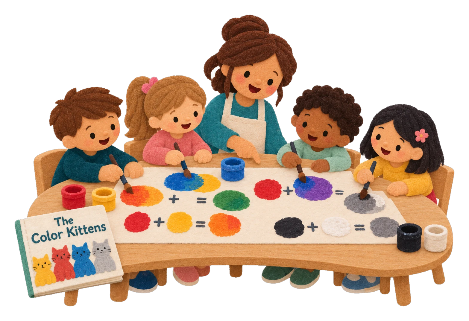 Felt illustration of a teacher and four children at a kidney-shaped table, painting and mixing colors together on one shared poster, with a copy of The Color Kittens beside them.
