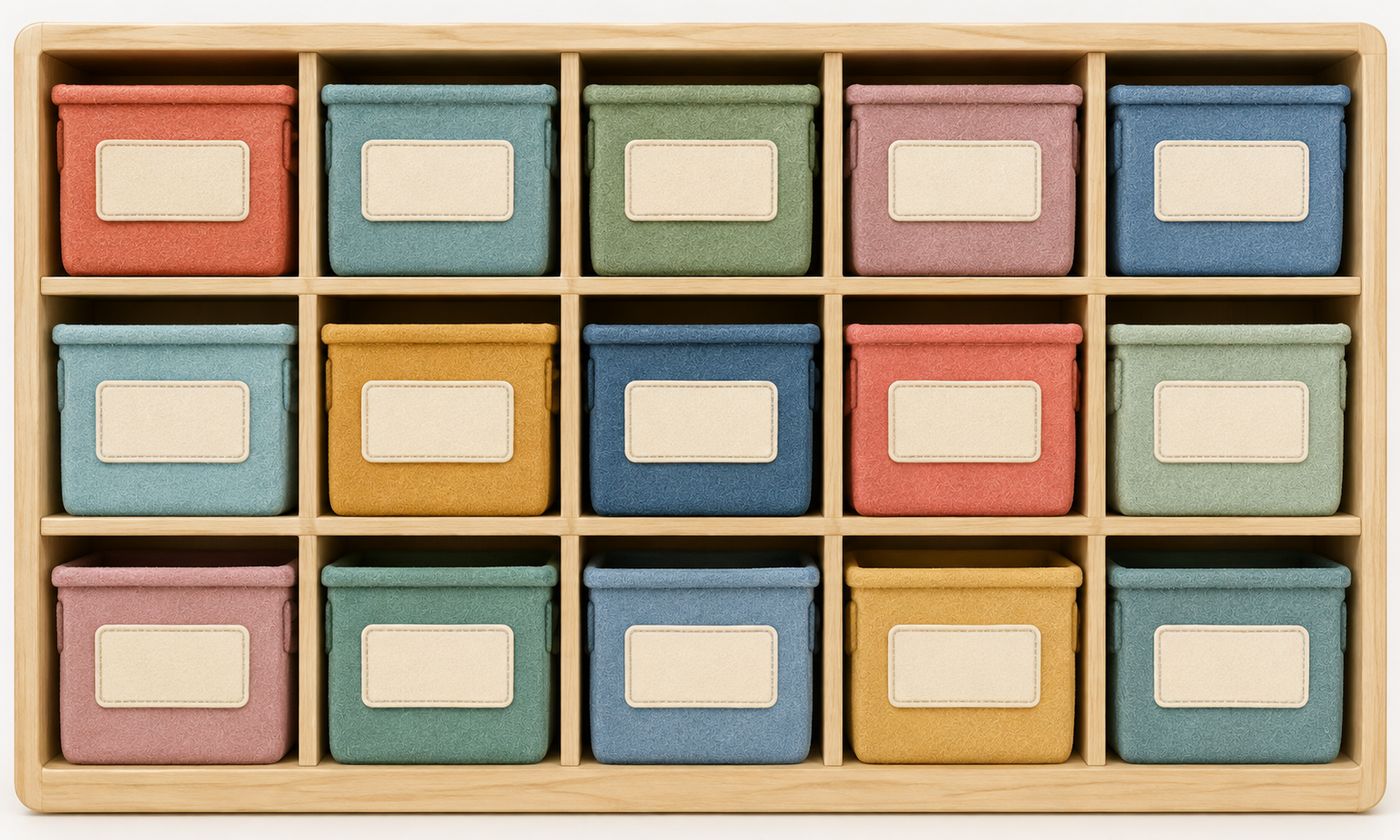 A birch cubby shelf holding fifteen felt bins, one for each drawer of the idea library